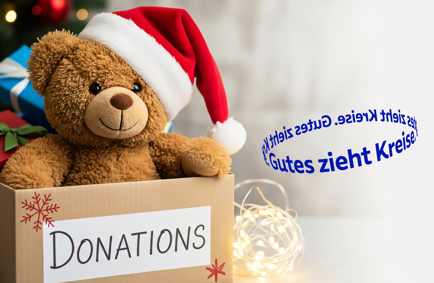 Titelbild mit einem Teddy-Bär der ein Schild mit dem Schriftzug "Donation" hält. Gutes zieht Kreise.
